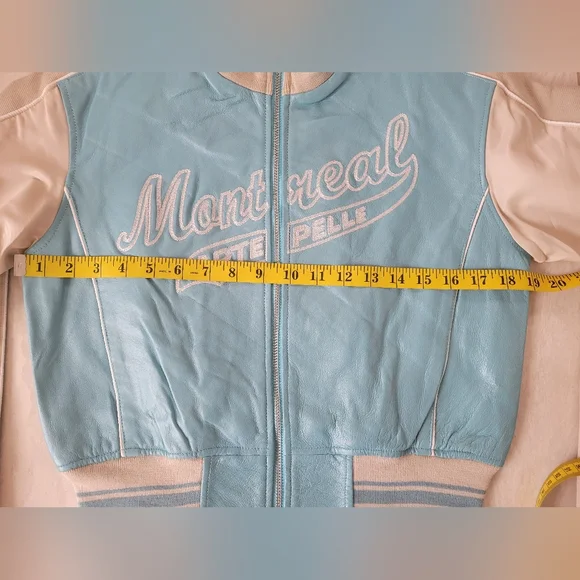 BNWT leather "Montreal" cropped bomber jacket in blue and cream vintage style - Picture 8 of 14